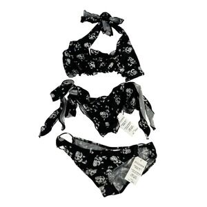 Zuliana Showgirl Lycra 3 Piece Set Skulls Halter Top Tie Side O-Ring Bottoms OS